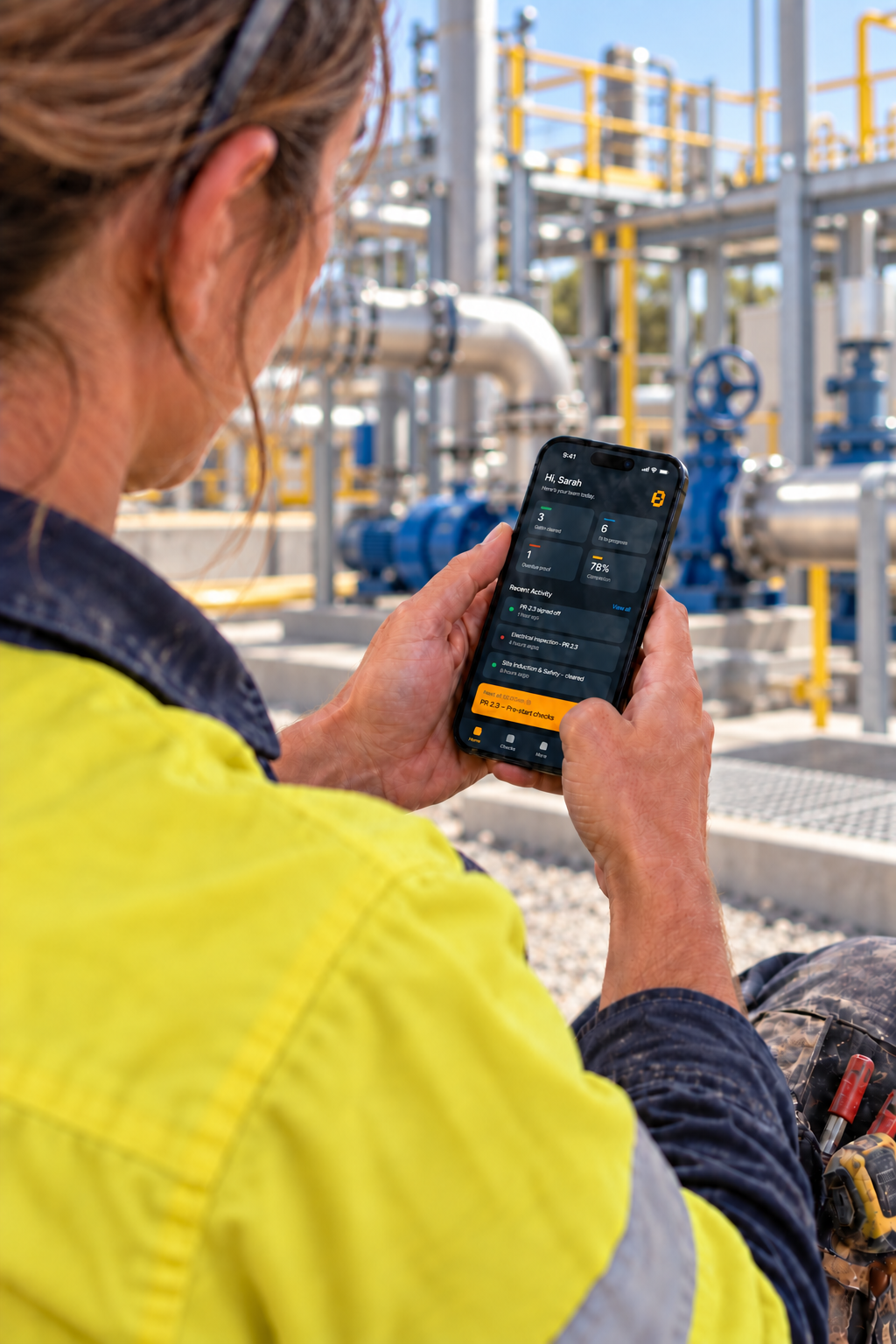 Apprentice checking the Blue Tongue training app on site