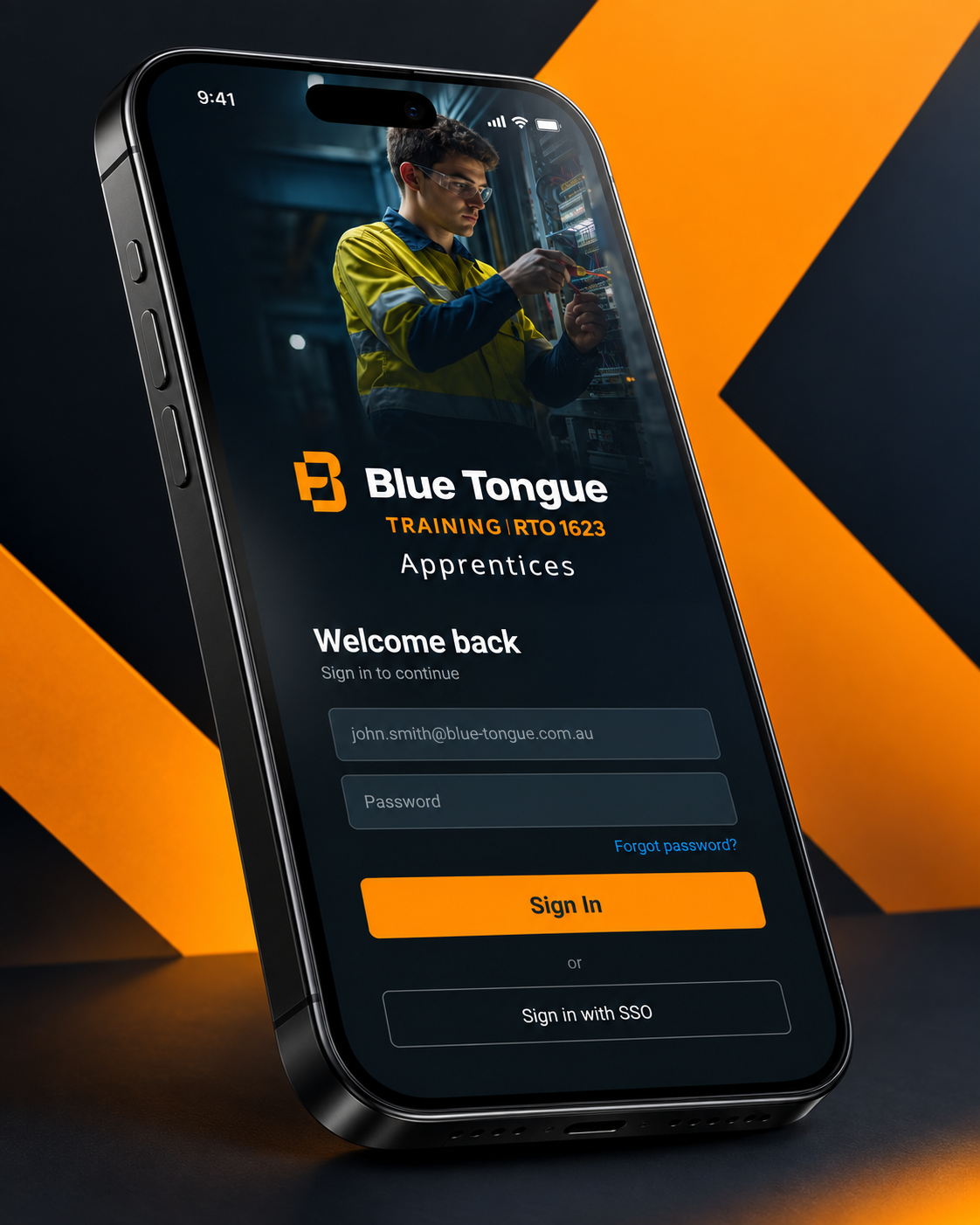 Blue Tongue Training apprentice app sign-in screen