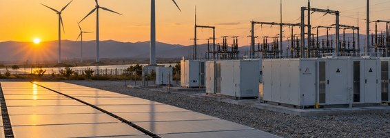 Solar panels, wind turbines and battery storage at sunset
