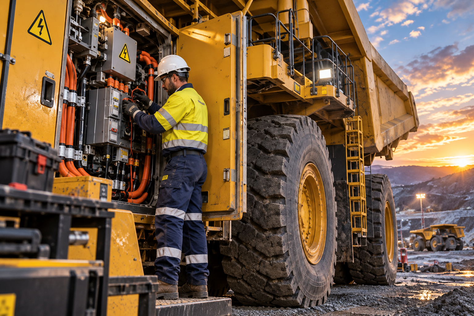 Automotive electrician with a Komatsu haul truck on a mine site