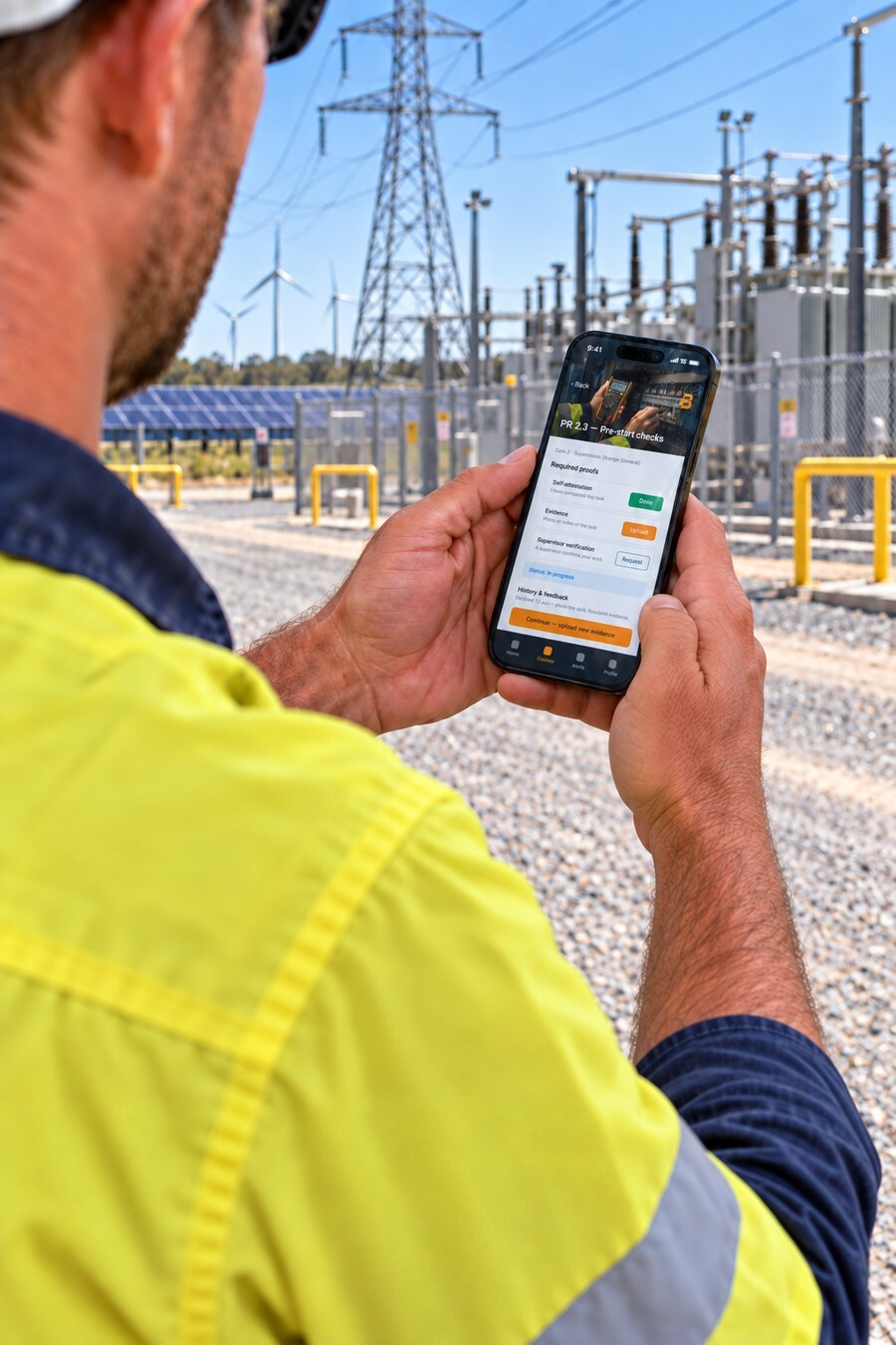 An apprentice checking task evidence on a phone on site