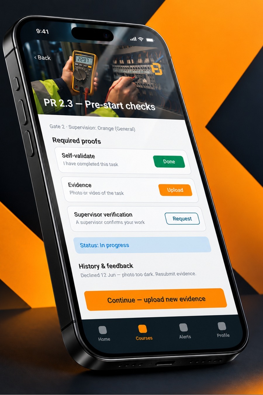 The BTR app showing a pre-start checklist with required proofs